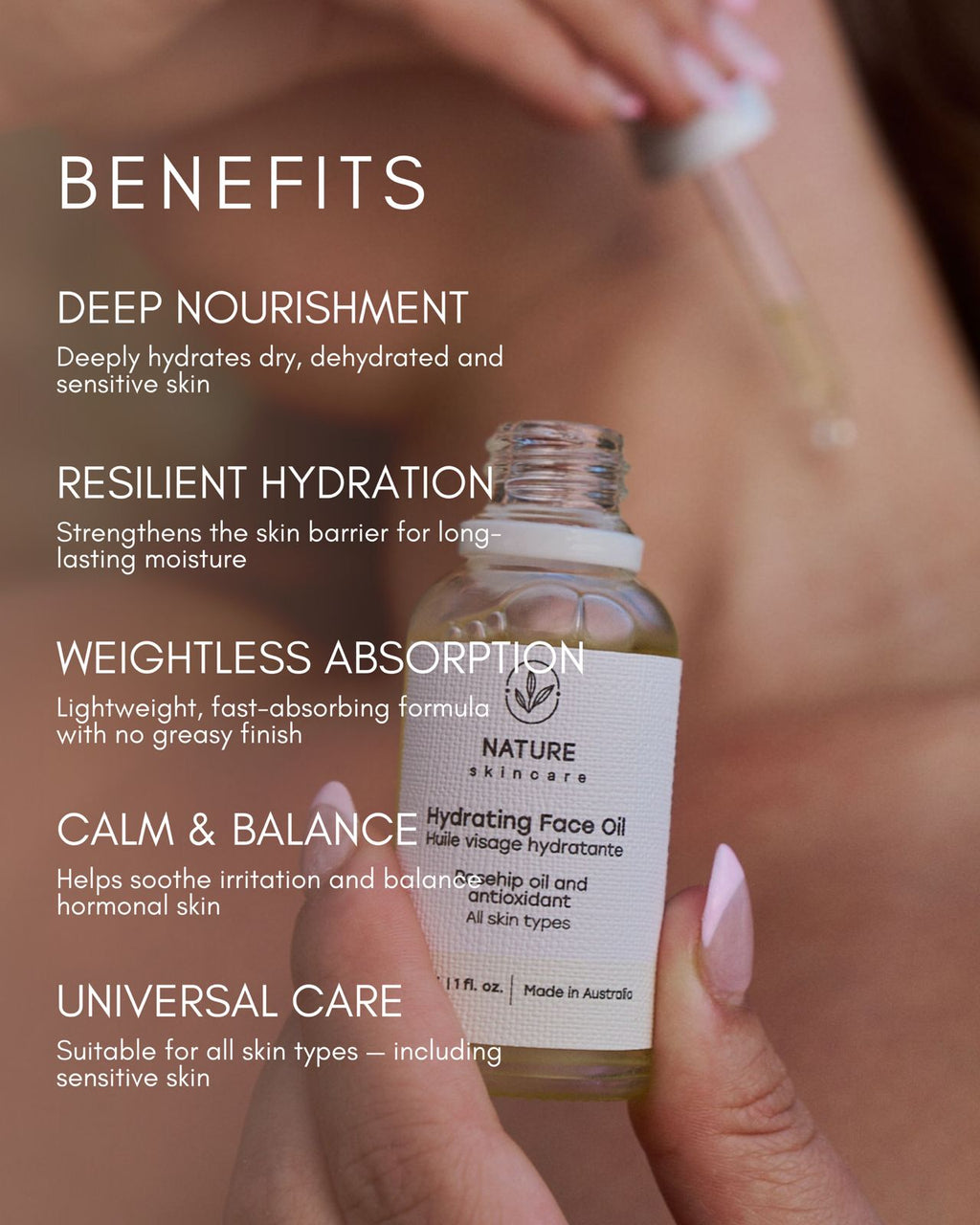 nature skin care hydrating face oil on female hand outdoor with drop