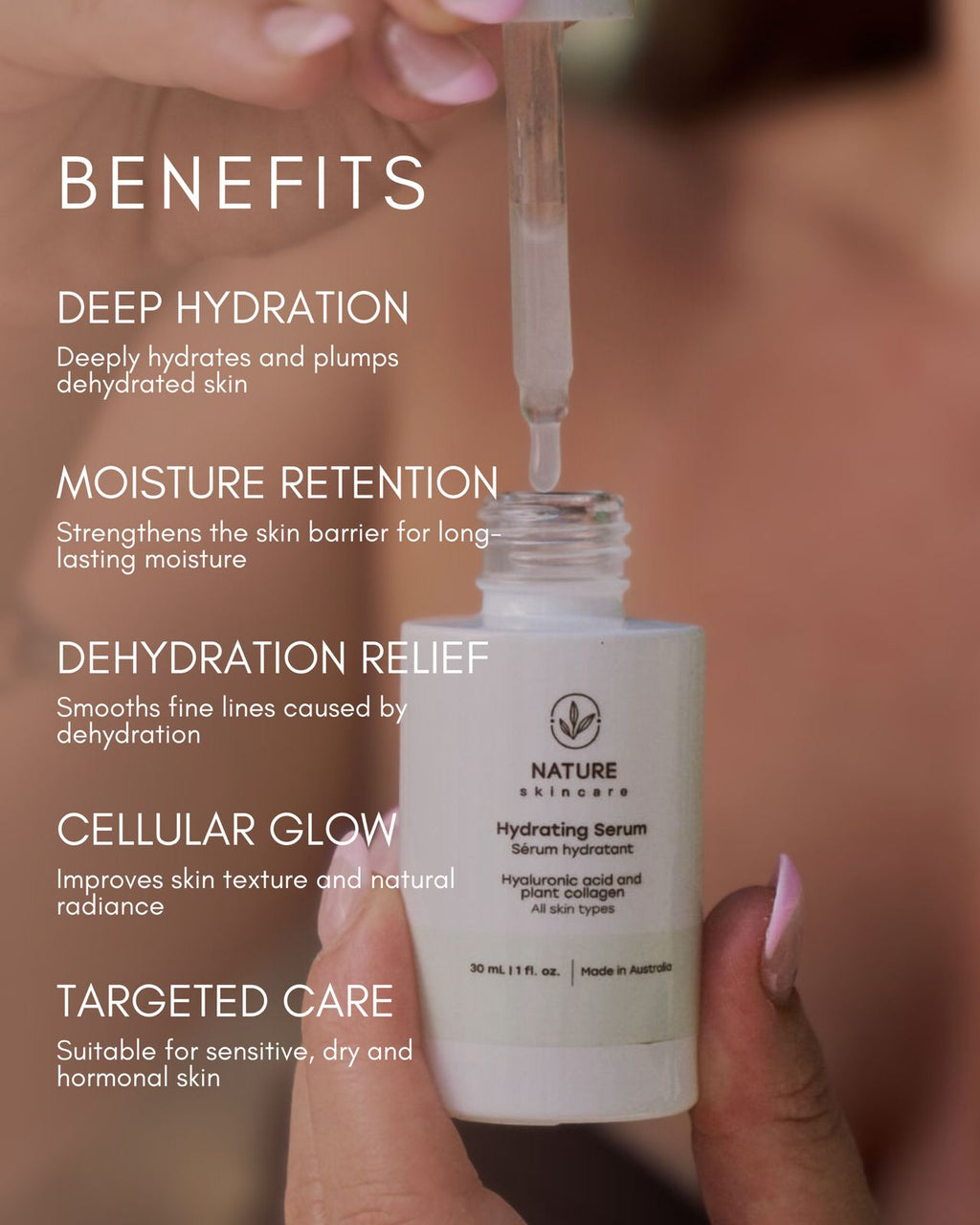 nature skin care hydrating serum benefits hold by hand with drop