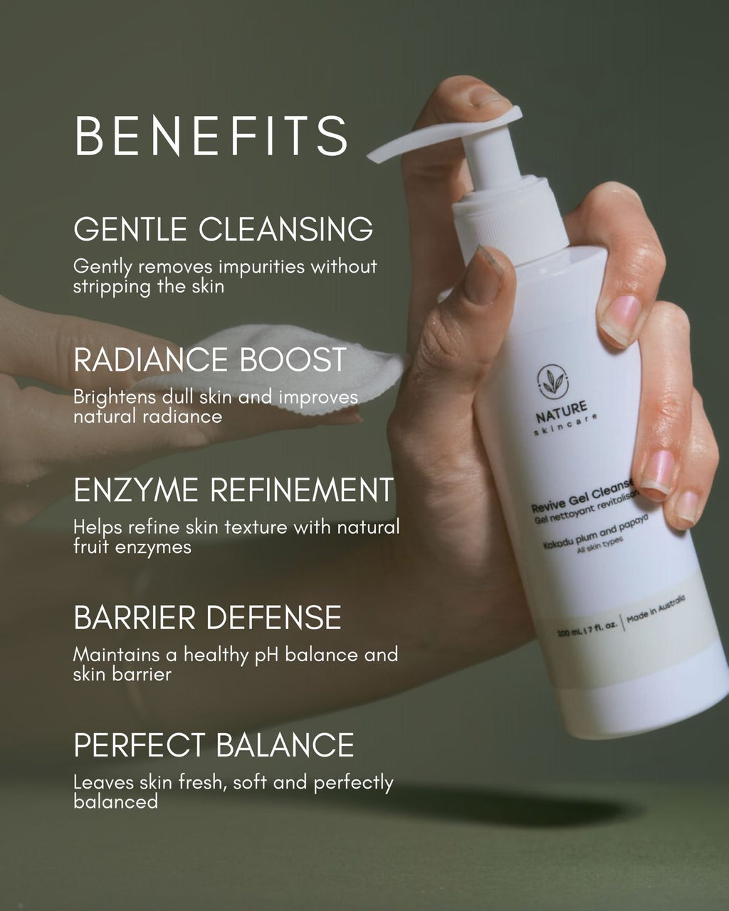 benefits of revive cleanser gel nature skin care hold by hand in green background
