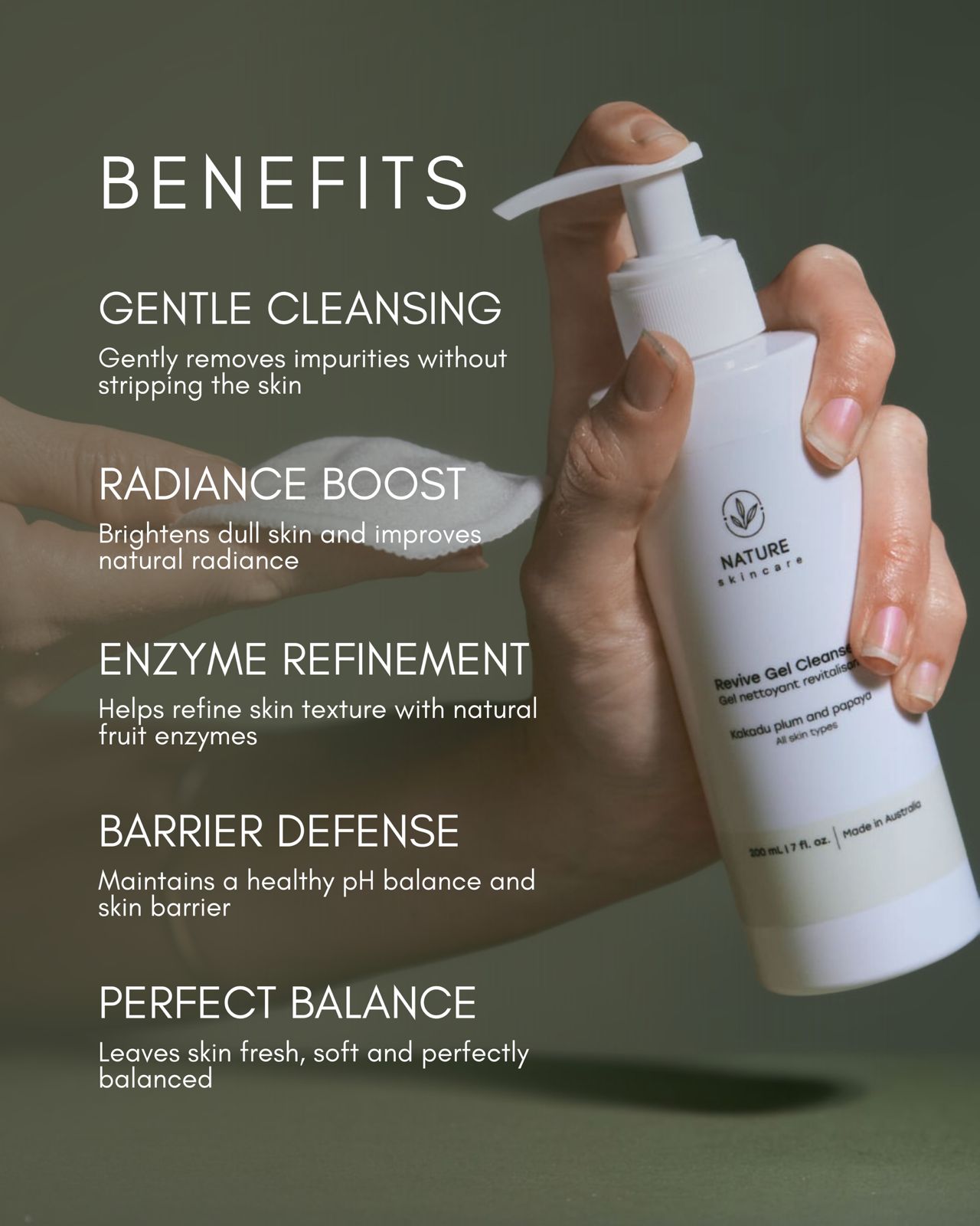 benefits of revive cleanser gel nature skin care hold by hand in green background