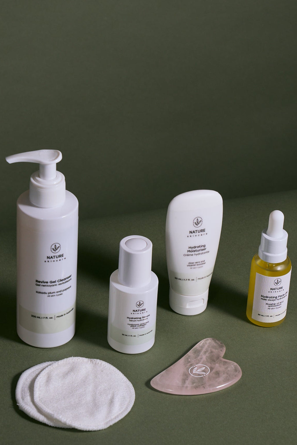 Collection of nature skin care products brand on a green background