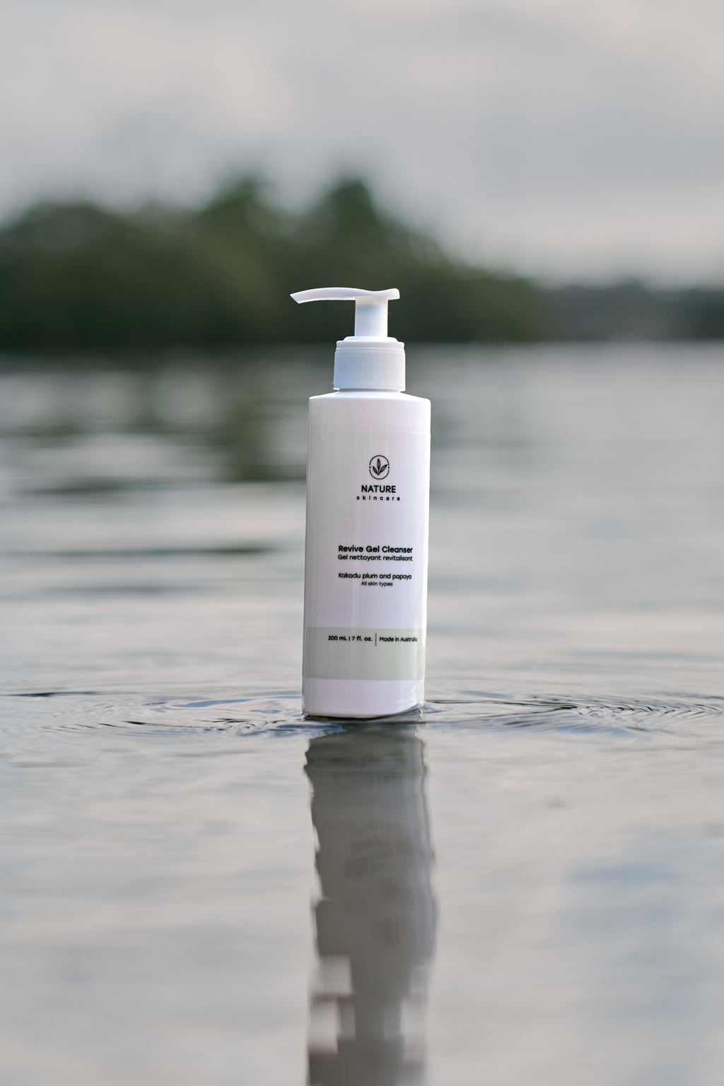 Australian organic revive gel cleanser standing in shallow water
