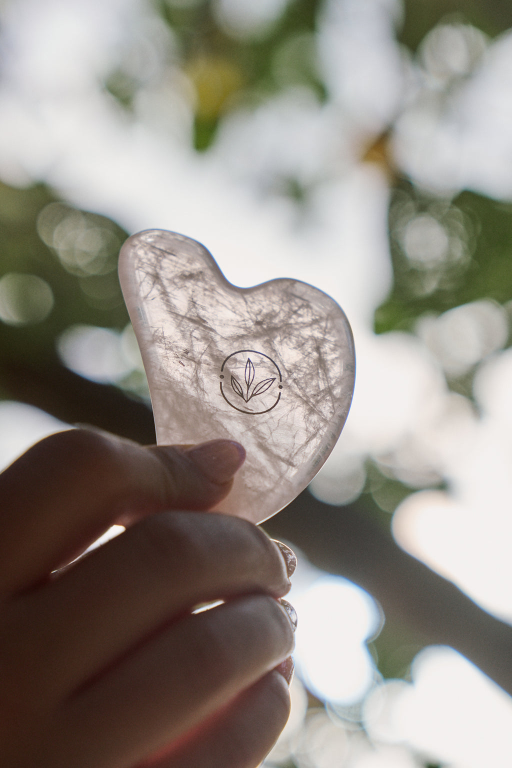 Rose Quartz gua sha tool held up to light outdoors with blurred background
